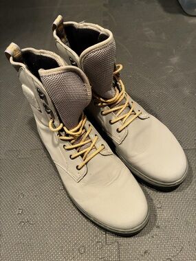Dr. Martens Light Gray Lace-Up Combat Boots with Yellow Laces